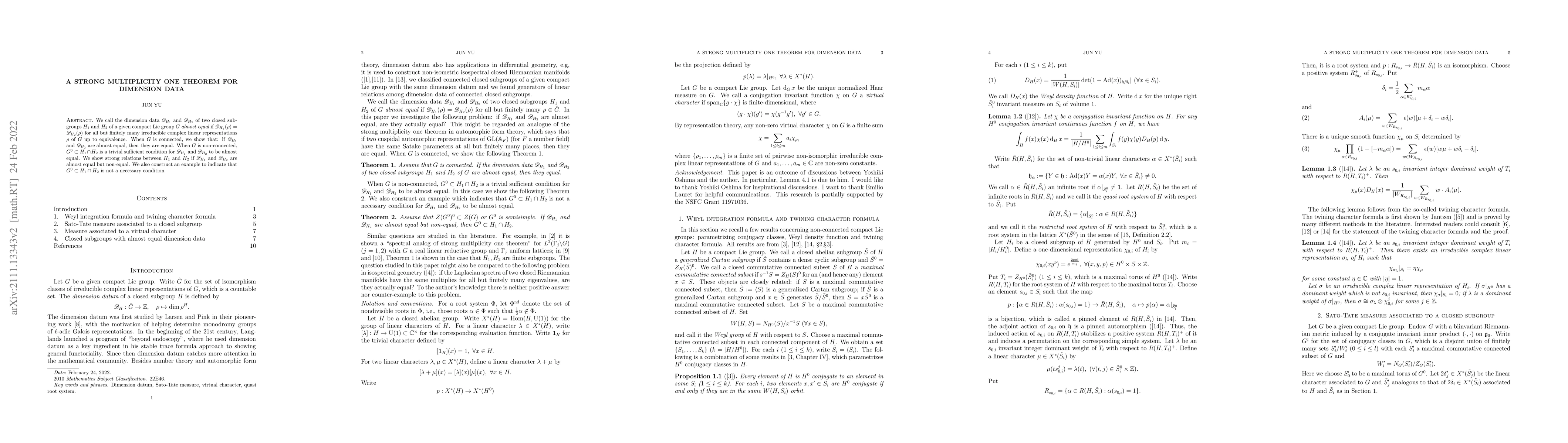Thumbnail for A strong multiplicity one theorem for dimension data