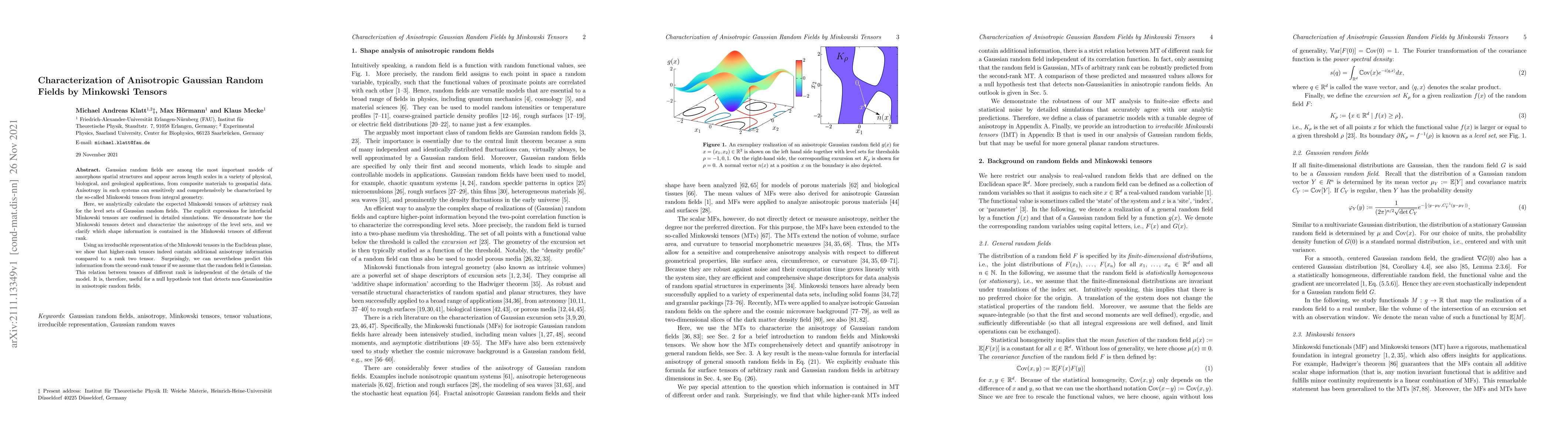 Thumbnail for Characterization of Anisotropic Gaussian Random Fields by Minkowski
  Tensors