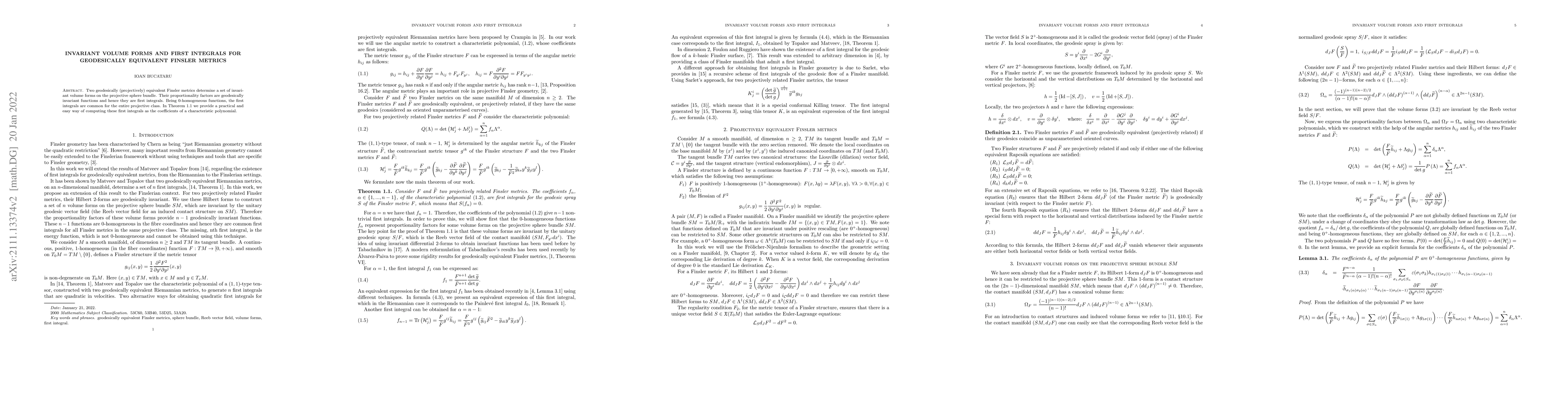 Thumbnail for Invariant volume forms and first integrals for geodesically equivalent
  Finsler metrics