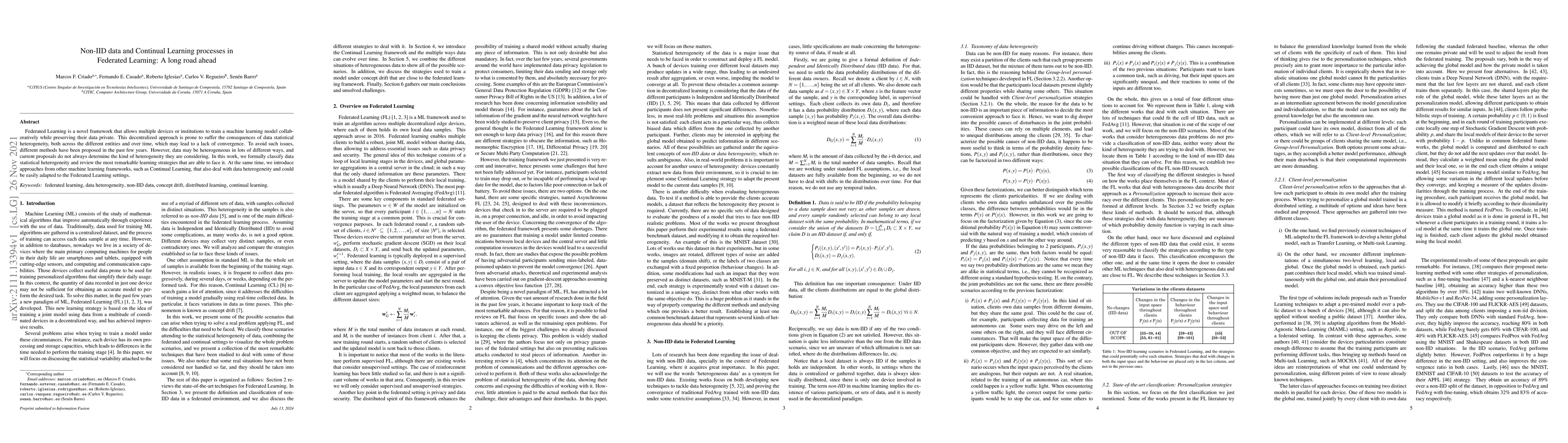 Thumbnail for Non-IID data and Continual Learning processes in Federated Learning: A
  long road ahead