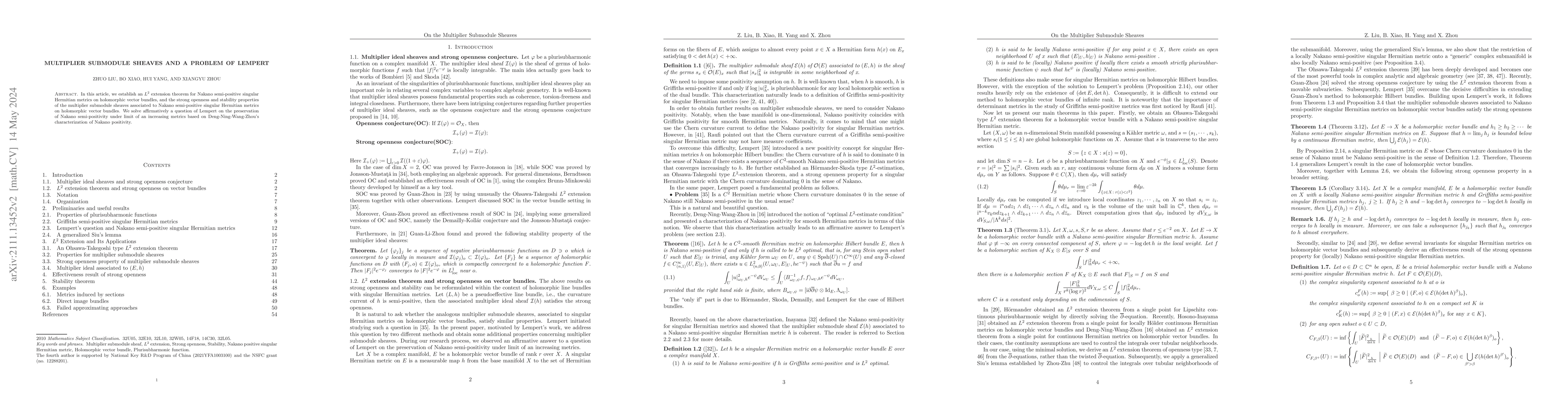 Thumbnail for Multiplier Submodule Sheaves and a problem of Lempert