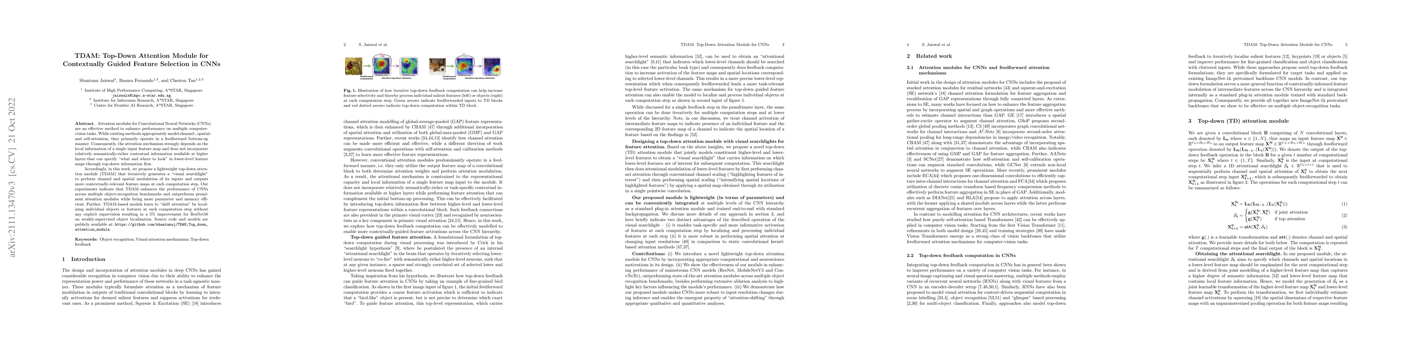 Thumbnail for TDAM: Top-Down Attention Module for Contextually Guided Feature
  Selection in CNNs