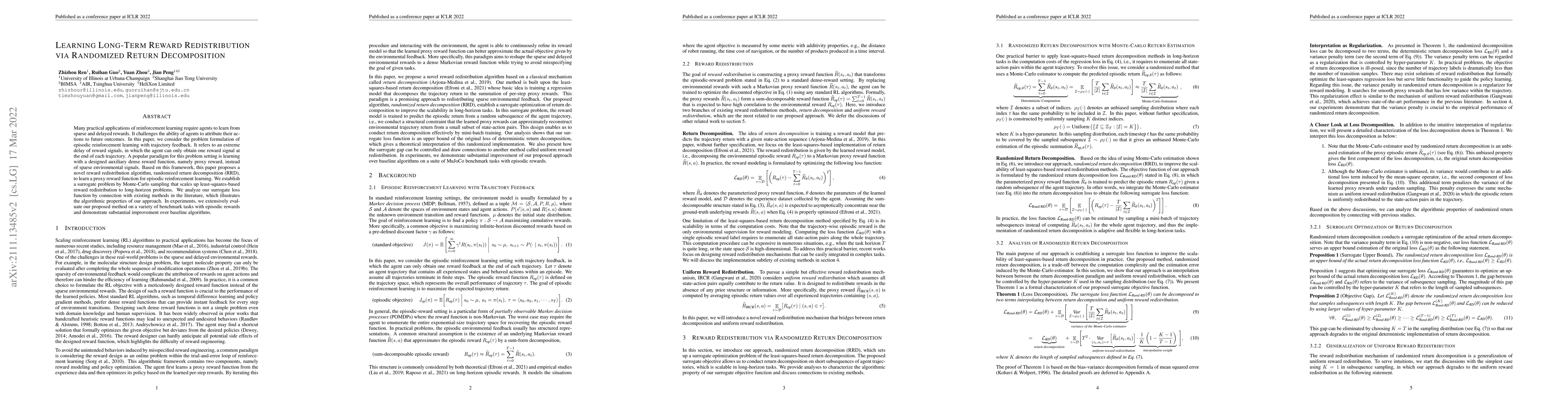 Thumbnail for Learning Long-Term Reward Redistribution via Randomized Return
  Decomposition