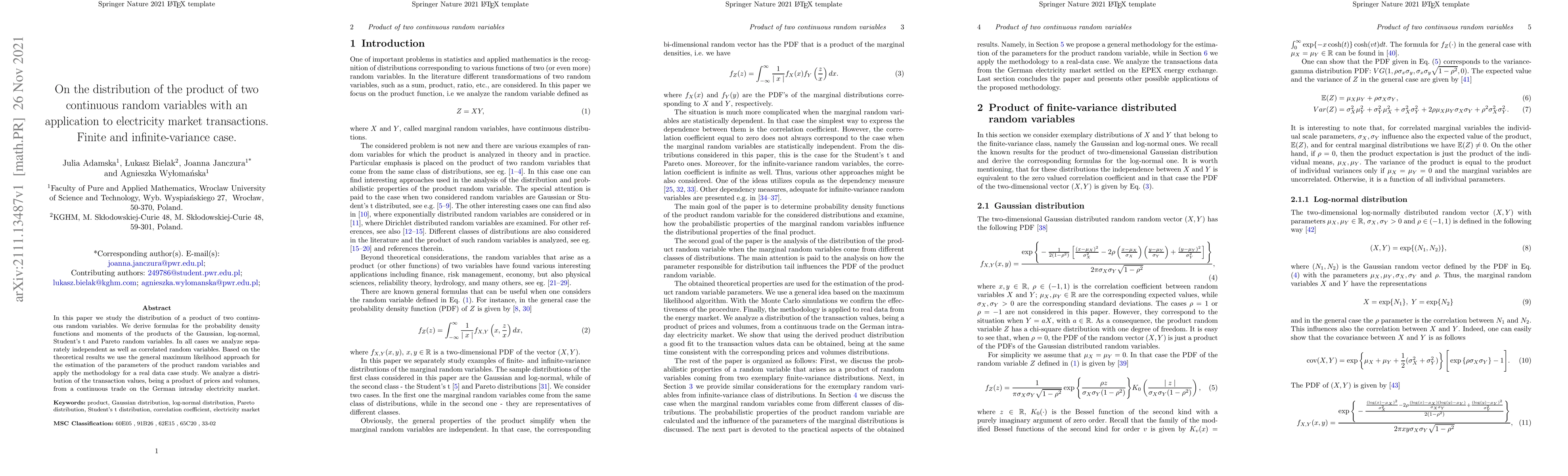Thumbnail for On the distribution of the product of two continuous random variables
  with an application to electricity market transactions. Finite and
  infinite-variance case