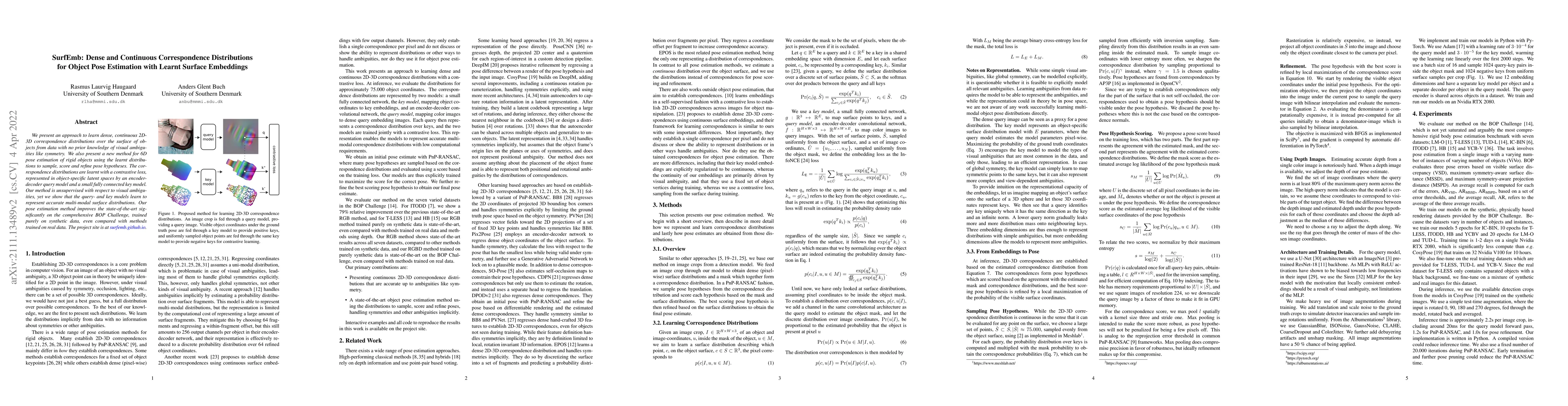 Thumbnail for SurfEmb: Dense and Continuous Correspondence Distributions for Object
  Pose Estimation with Learnt Surface Embeddings