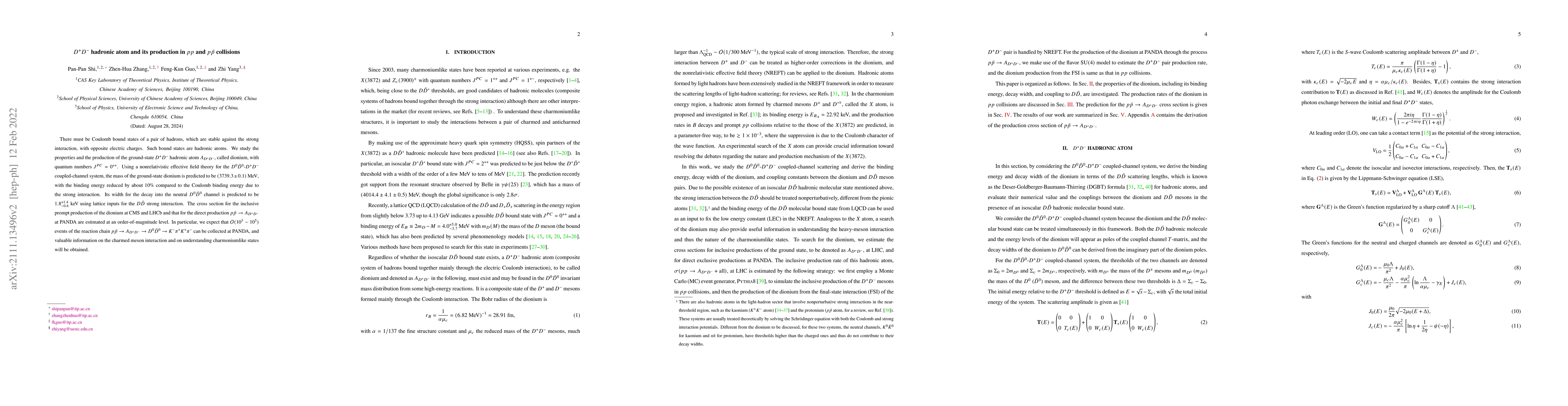 Thumbnail for $D^+D^-$ hadronic atom and its production in $pp$ and $p\bar{p}$
  collisions
