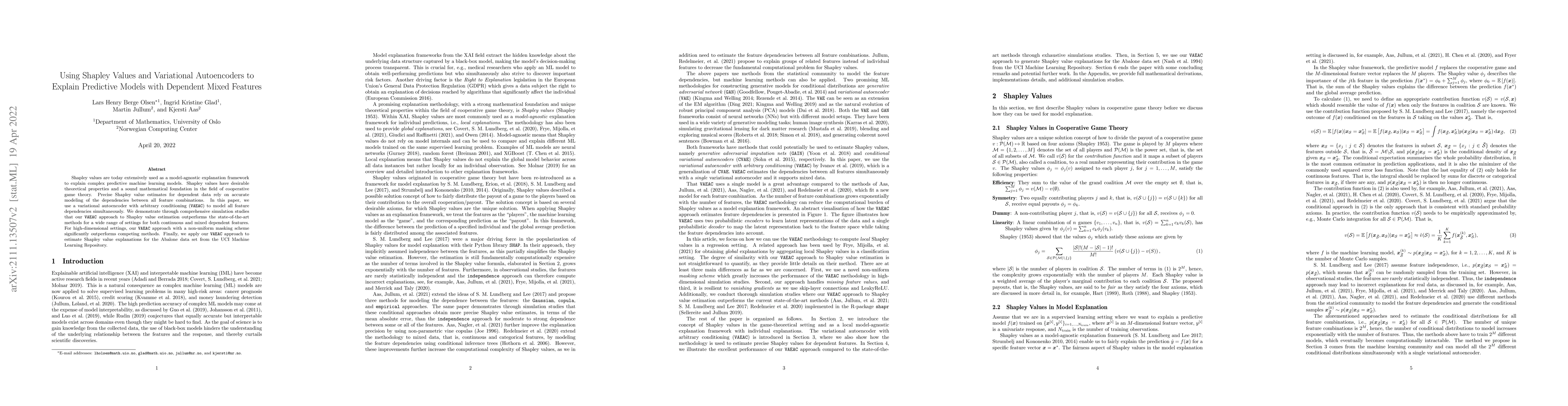 Thumbnail for Using Shapley Values and Variational Autoencoders to Explain Predictive
  Models with Dependent Mixed Features