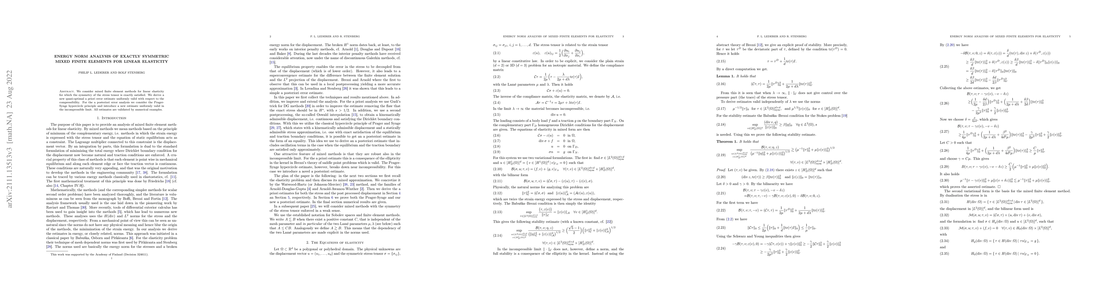 Thumbnail for Energy norm analysis of exactly symmetric mixed finite elements for
  linear elasticity