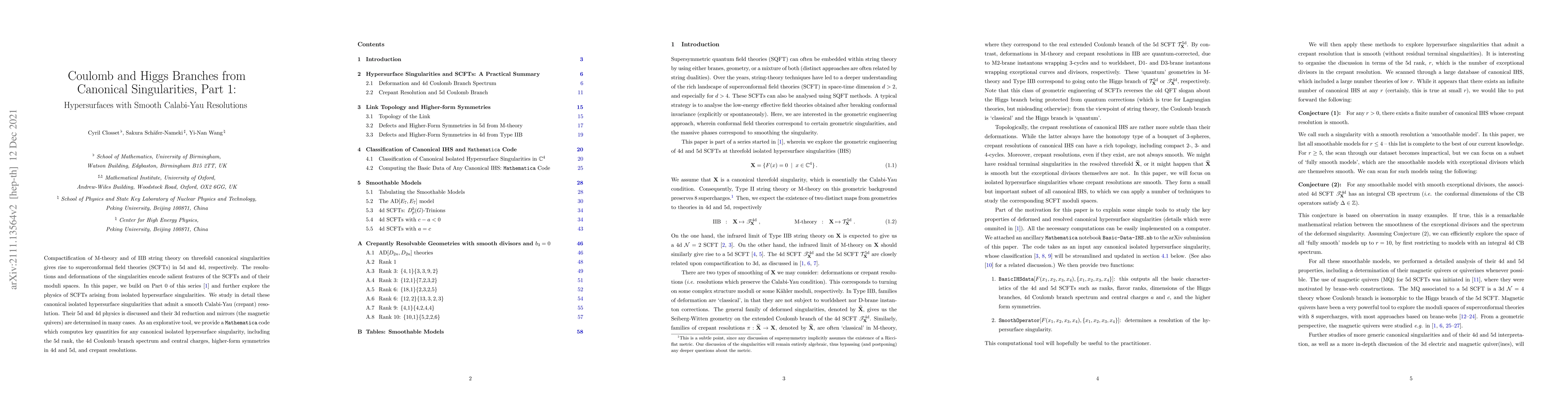 Thumbnail for Coulomb and Higgs Branches from Canonical Singularities, Part 1:
  Hypersurfaces with Smooth Calabi-Yau Resolutions