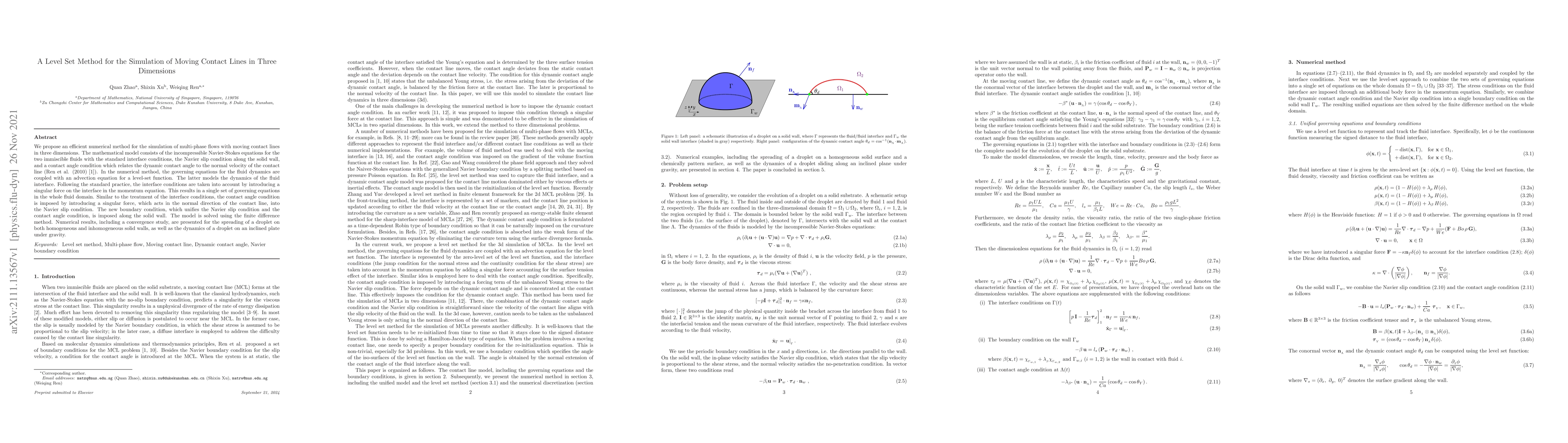 Thumbnail for A Level Set Method for the Simulation of Moving Contact Lines in Three
  Dimensions