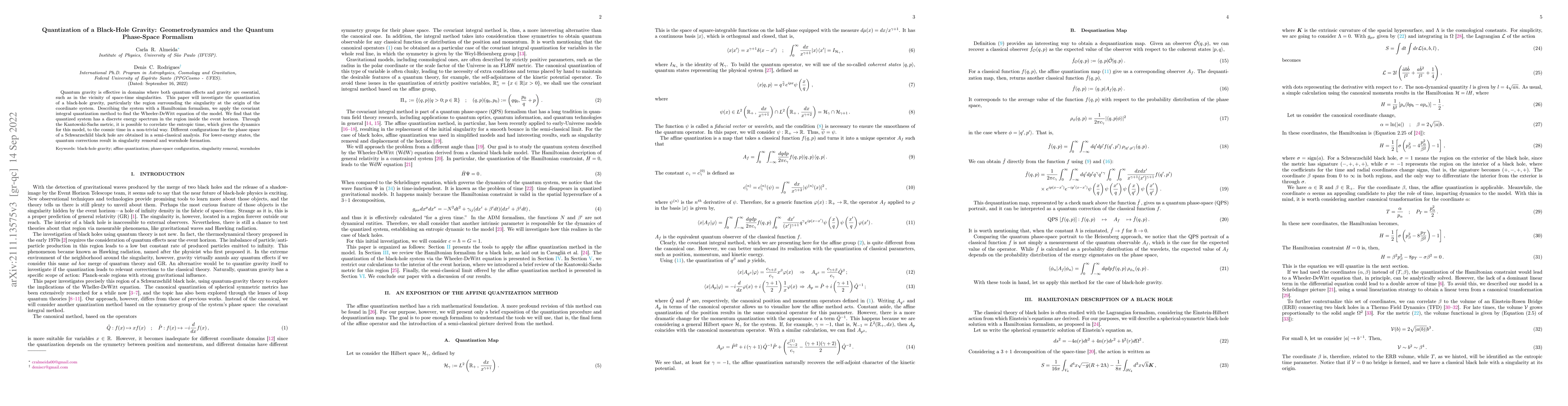 Thumbnail for Quantization of a Black-Hole Gravity: geometrodynamics and the quantum
  phase-space formalism