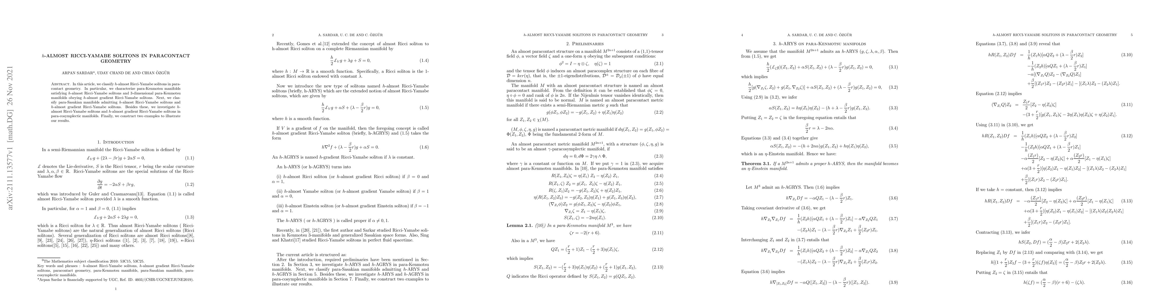 Thumbnail for H-almost Ricci-Yamabe solitons in paracontact geometry