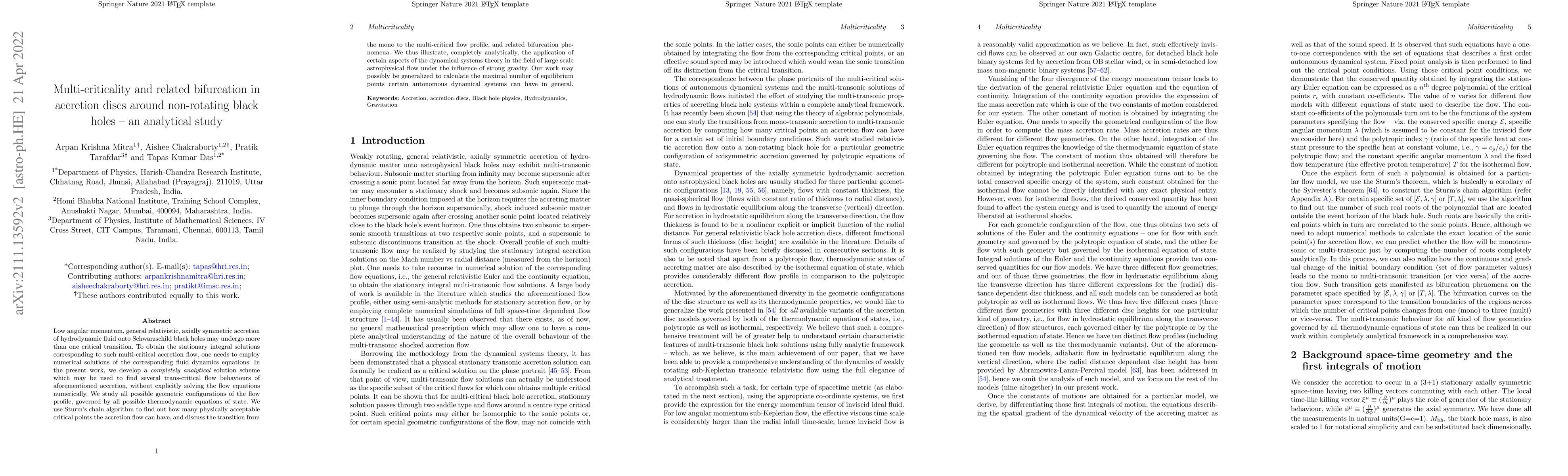Thumbnail for Multi-criticality and related bifurcation in accretion discs around
  non-rotating black holes -- an analytical study