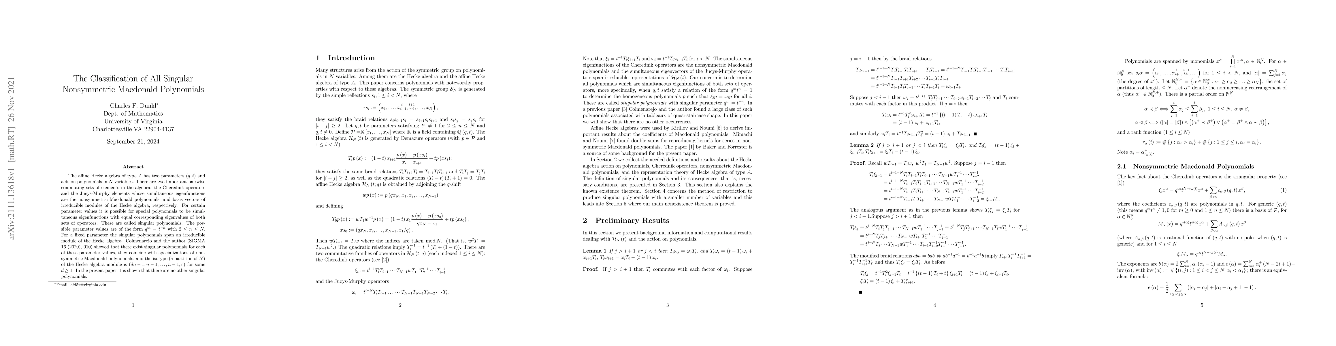 Thumbnail for The Classification of All Singular Nonsymmetric Macdonald Polynomials