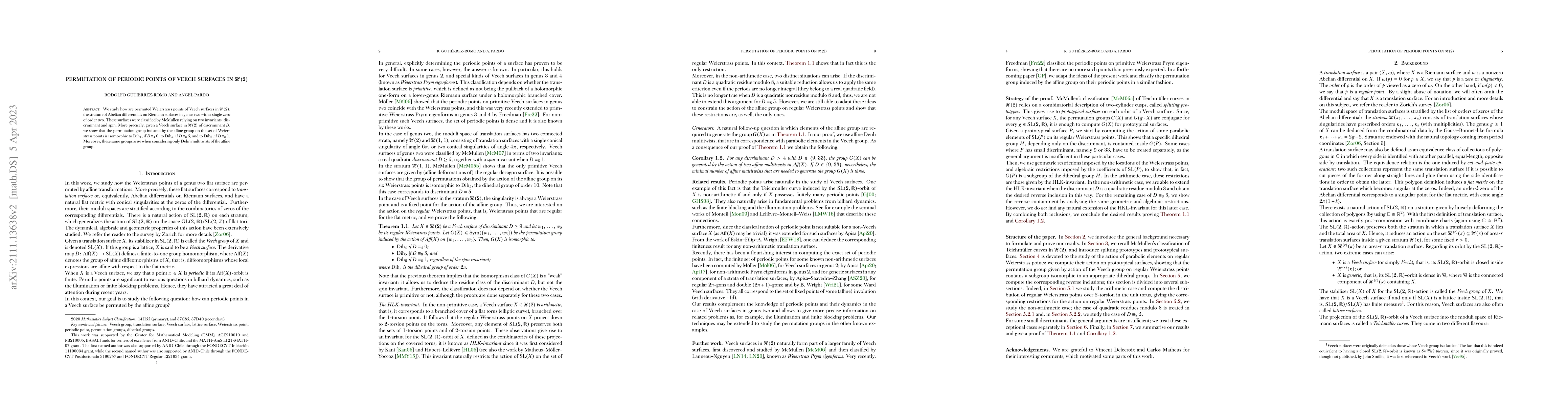 Thumbnail for Permutation of periodic points of Veech surfaces in $\mathcal{H}(2)$