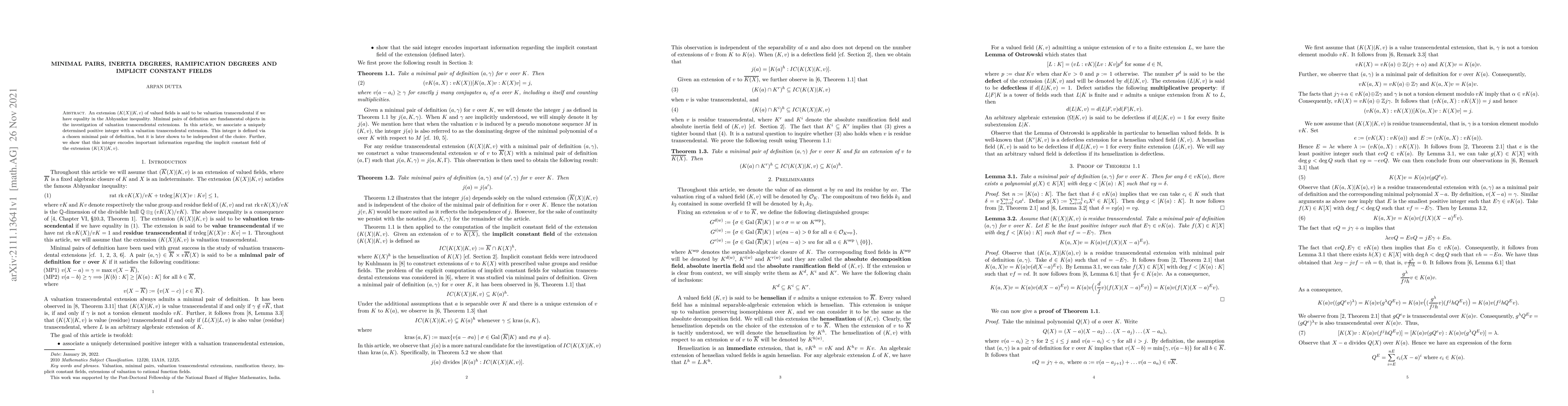 Thumbnail for Minimal pairs, inertia degrees, ramification degrees and implicit
  constant fields