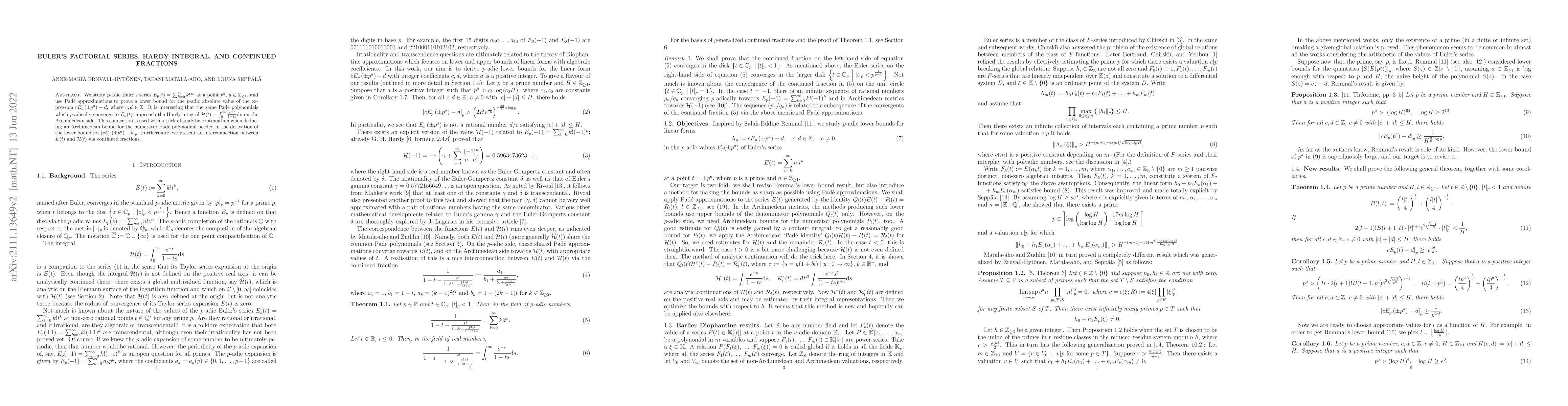 Thumbnail for Euler's factorial series, Hardy integral, and continued fractions