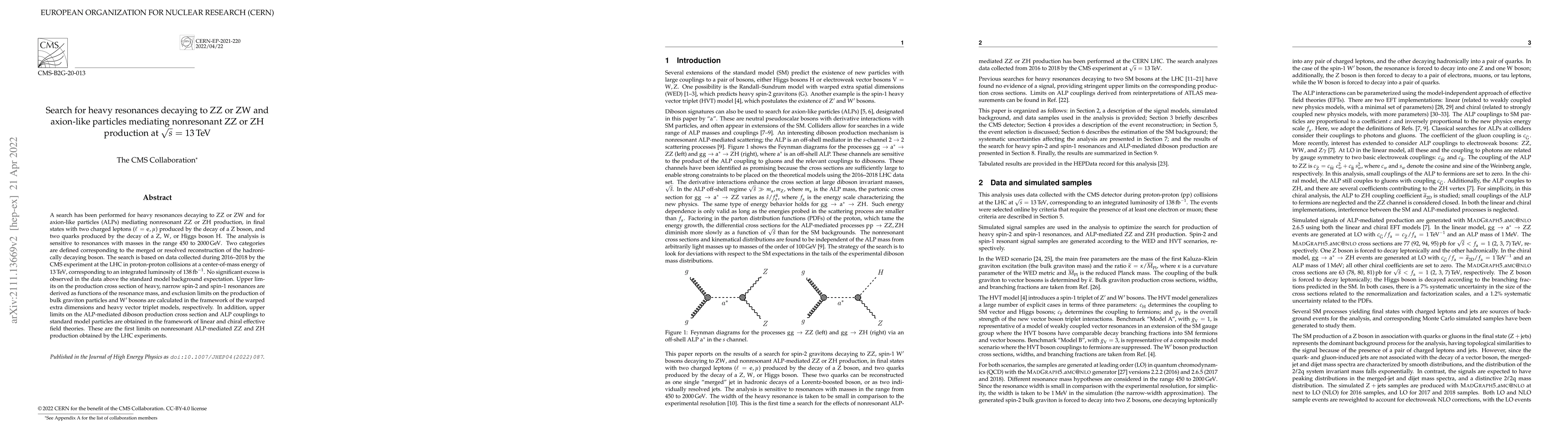 Thumbnail for Search for heavy resonances decaying to ZZ or ZW and axion-like
  particles mediating nonresonant ZZ or ZH production at $\sqrt{s} =$ 13 TeV
