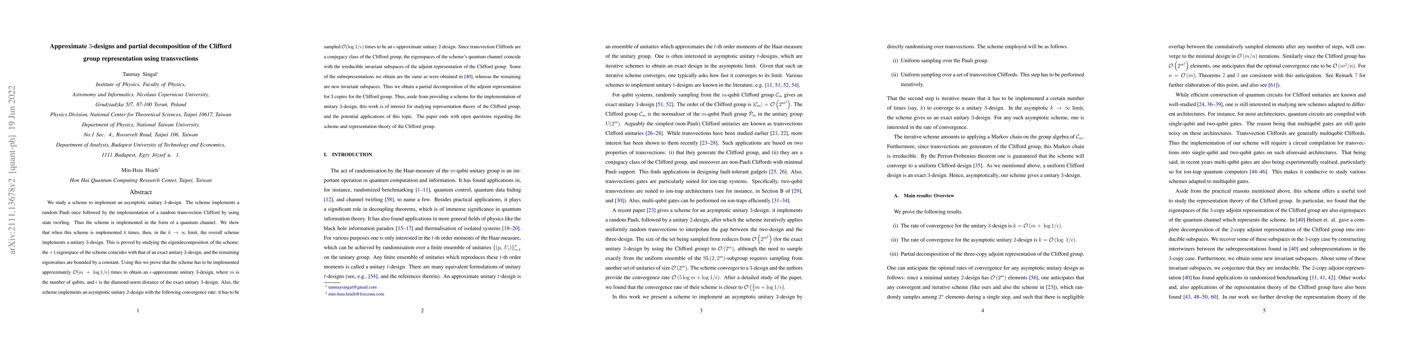 Thumbnail for Approximate 3-designs and partial decomposition of the Clifford group
  representation using transvections