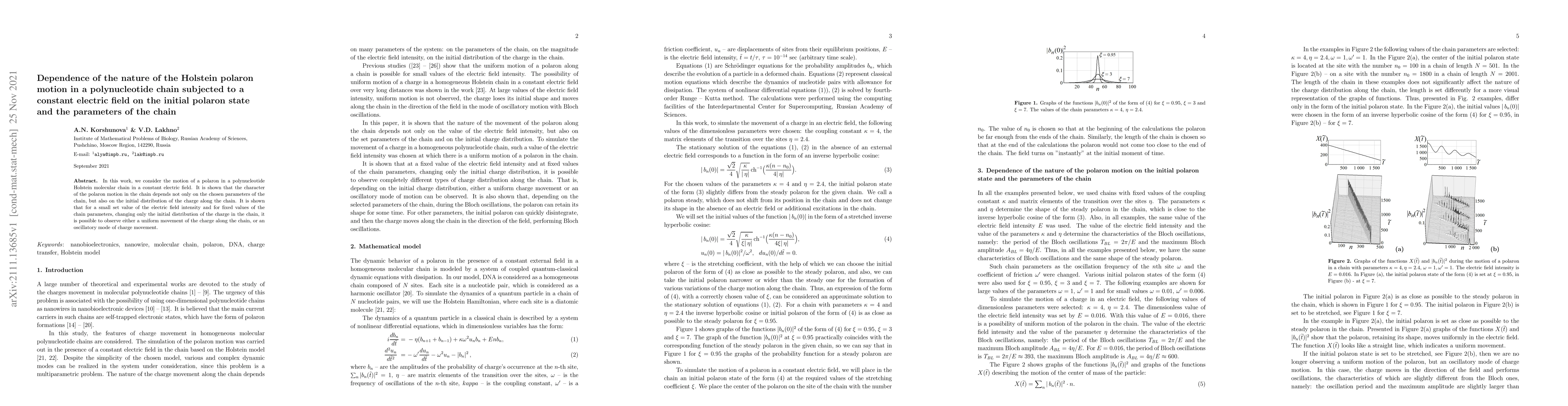 Thumbnail for Dependence of the nature of the Holstein polaron motion in a
  polynucleotide chain subjected to a constant electric field on the initial
  polaron state and the parameters of the chain