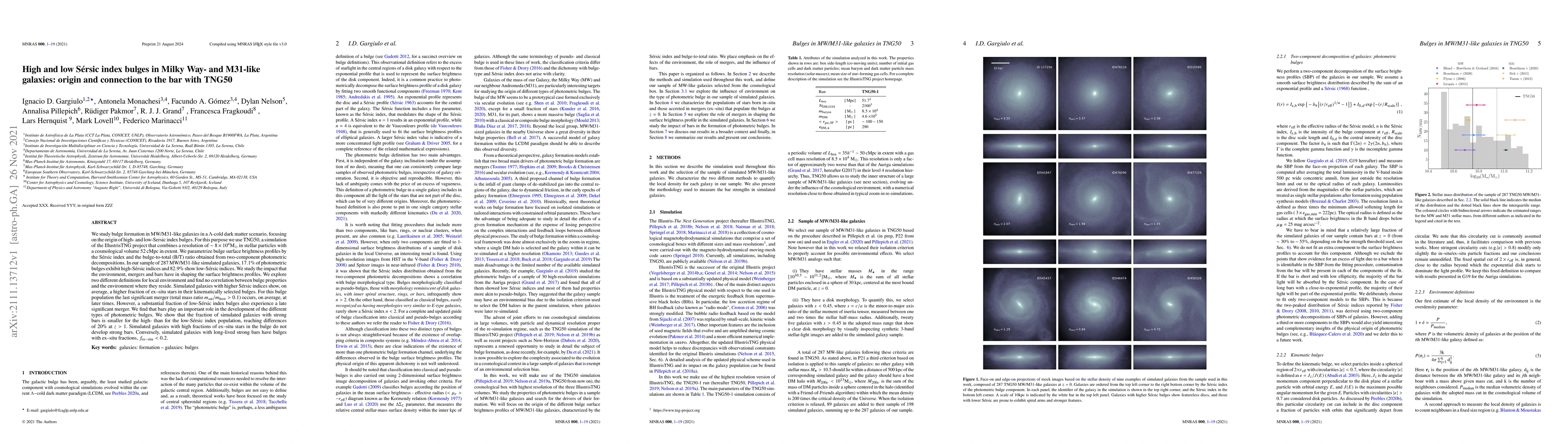 Thumbnail for High and low S\'ersic index bulges in Milky Way- and M31-like galaxies:
  origin and connection to the bar with TNG50