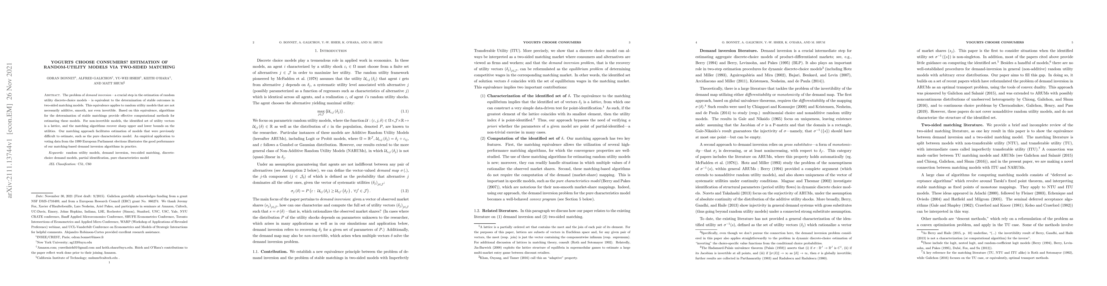 Thumbnail for Yogurts Choose Consumers? Estimation of Random-Utility Models via
  Two-Sided Matching