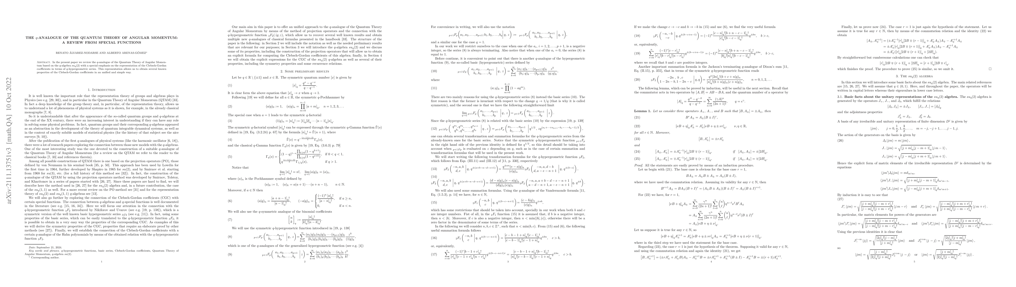 Thumbnail for The $q$-analogue of the Quantum Theory of Angular Momentum: a review
  from special functions