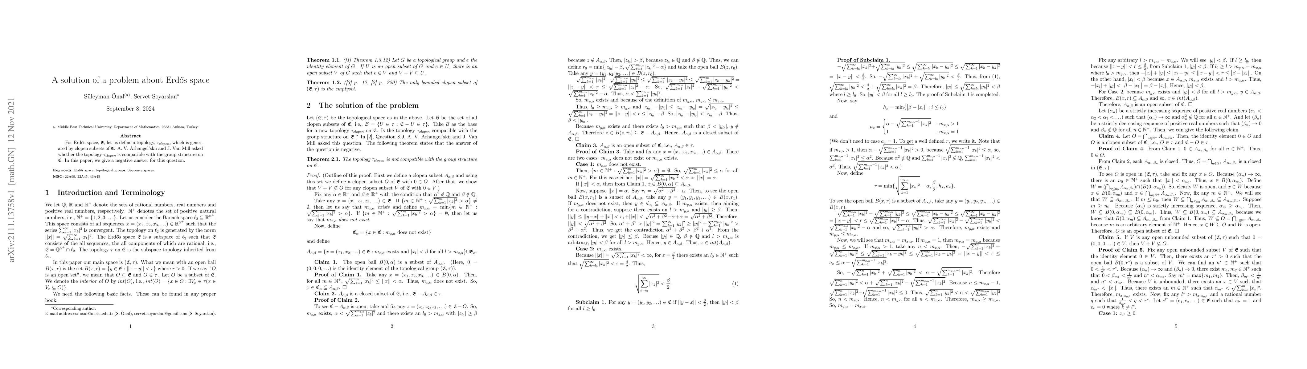 Thumbnail for A solution of a problem about Erd\"os Space
