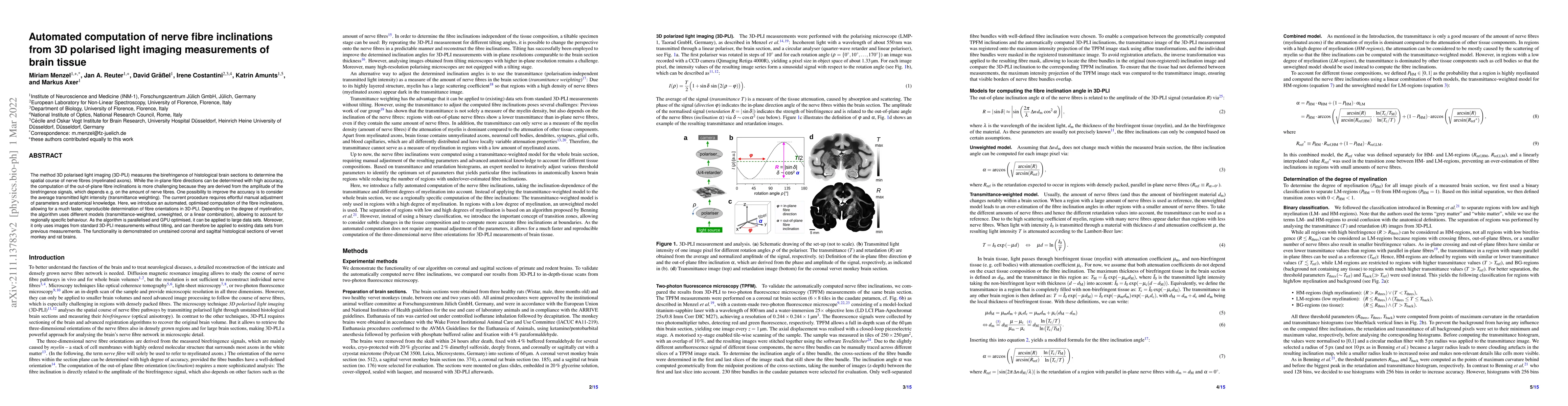 Thumbnail for Automated computation of nerve fibre inclinations from 3D polarised
  light imaging measurements of brain tissue