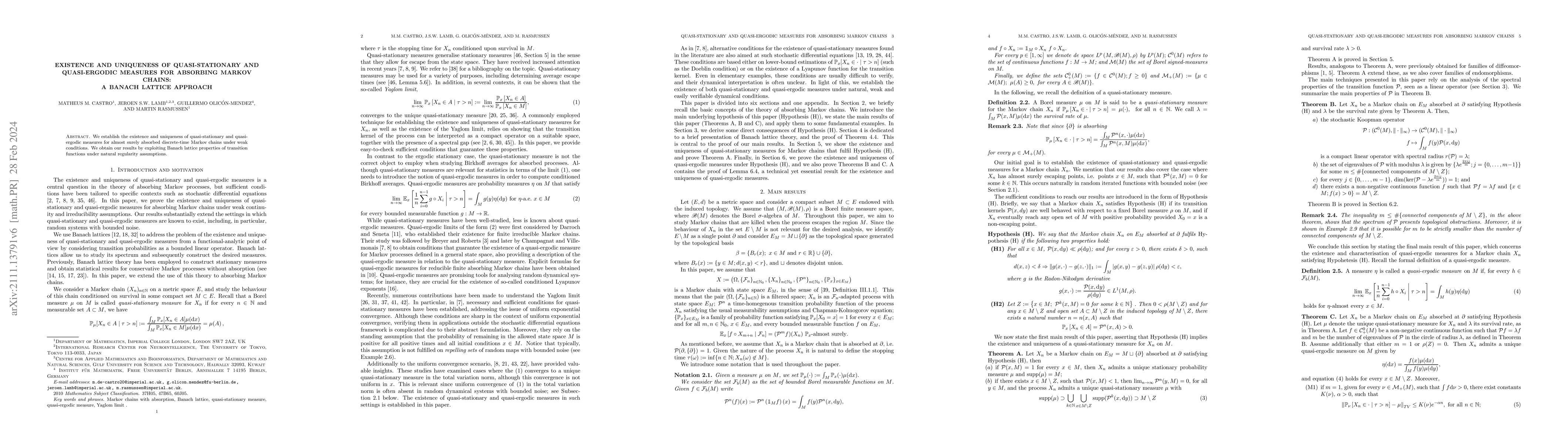 Thumbnail for Existence and uniqueness of quasi-stationary and quasi-ergodic measures
  for absorbing Markov chains: a Banach lattice approach