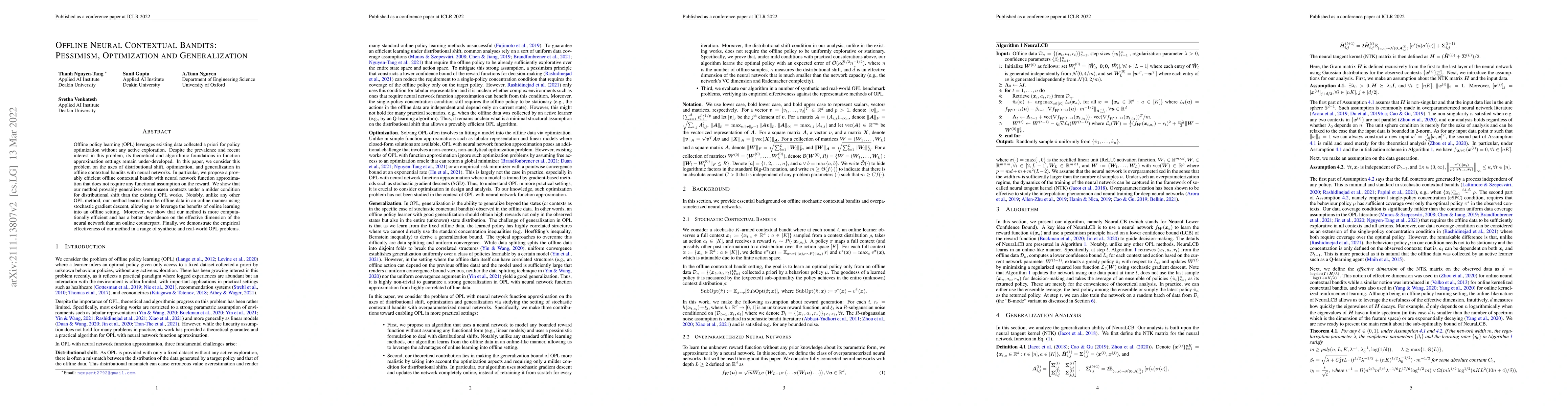 Thumbnail for Offline Neural Contextual Bandits: Pessimism, Optimization and
  Generalization