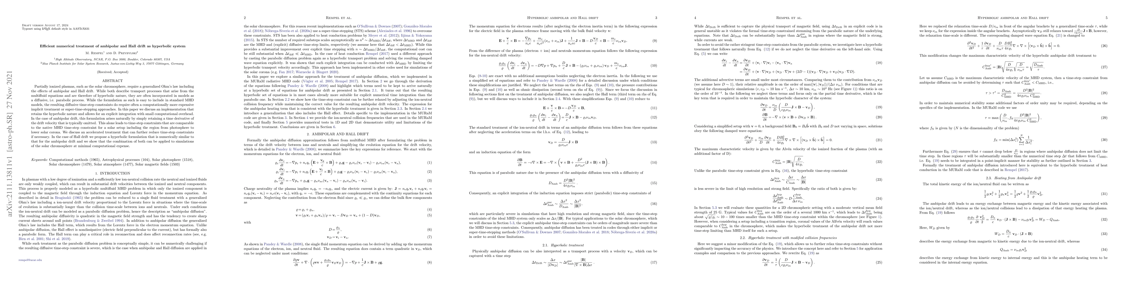 Thumbnail for Efficient numerical treatment of ambipolar and Hall drift as hyperbolic
  system