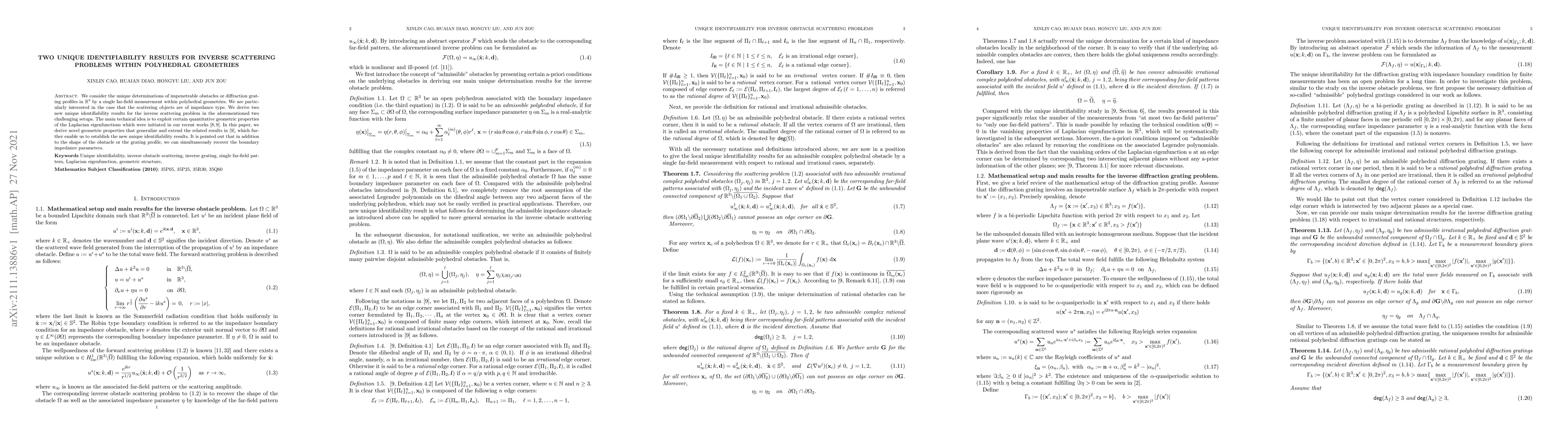 Thumbnail for Two unique Identifiability results for inverse scattering problems
  within polyhedral geometries