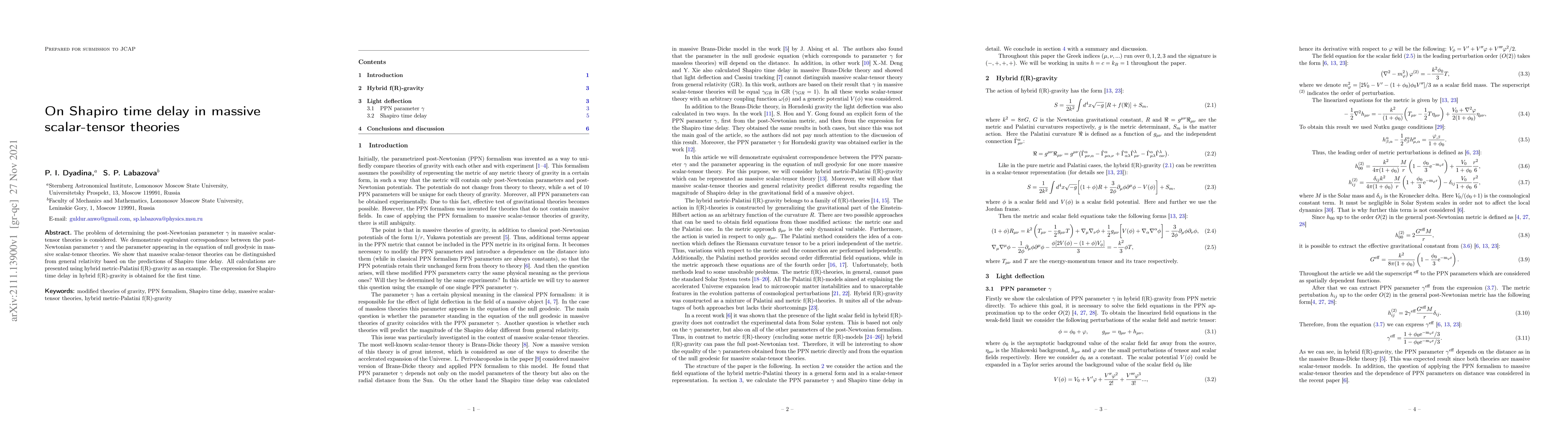 Thumbnail for On Shapiro time delay in massive scalar-tensor theories