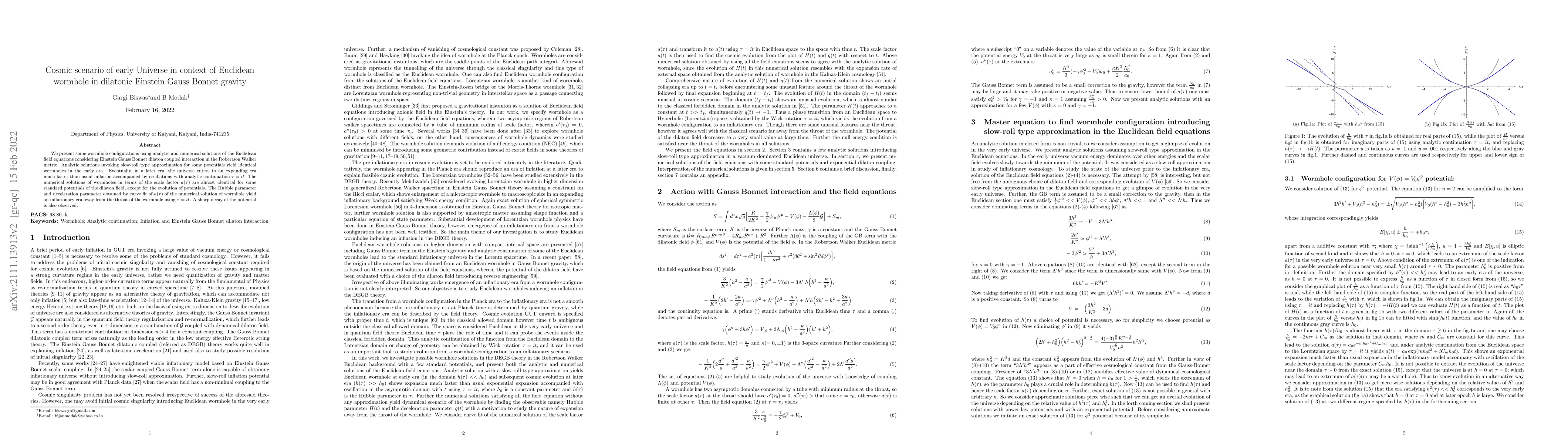 Thumbnail for Cosmic scenario of early Universe in context of Euclidean wormhole in
  dilatonic Einstein Gauss Bonnet gravity
