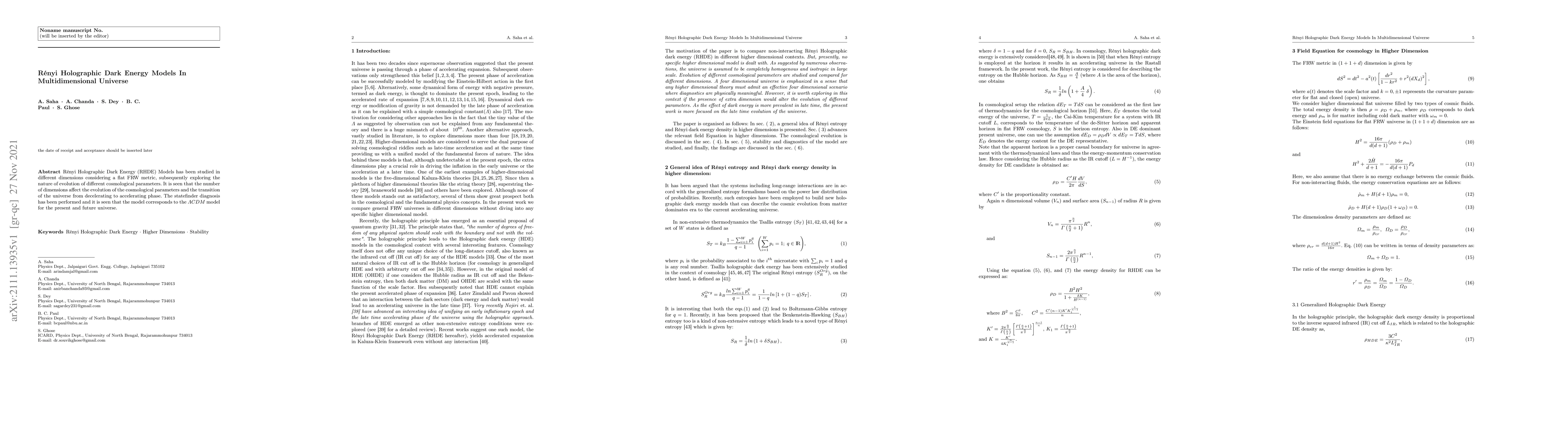Thumbnail for R\'enyi Holographic Dark Energy Models In Multidimensional Universe