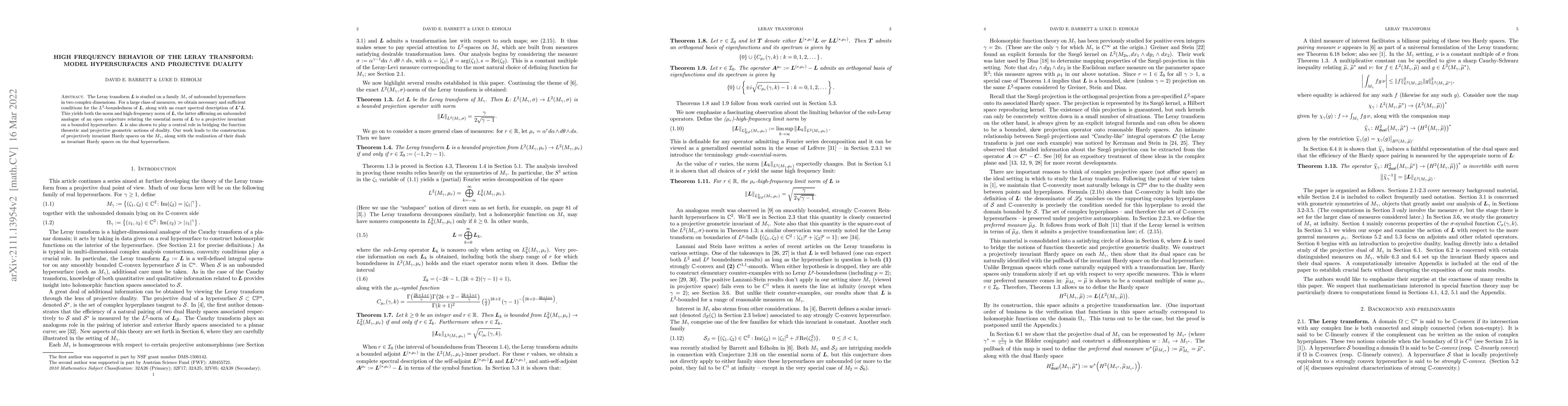 Thumbnail for High frequency behavior of the Leray transform: model hypersurfaces and
  projective duality