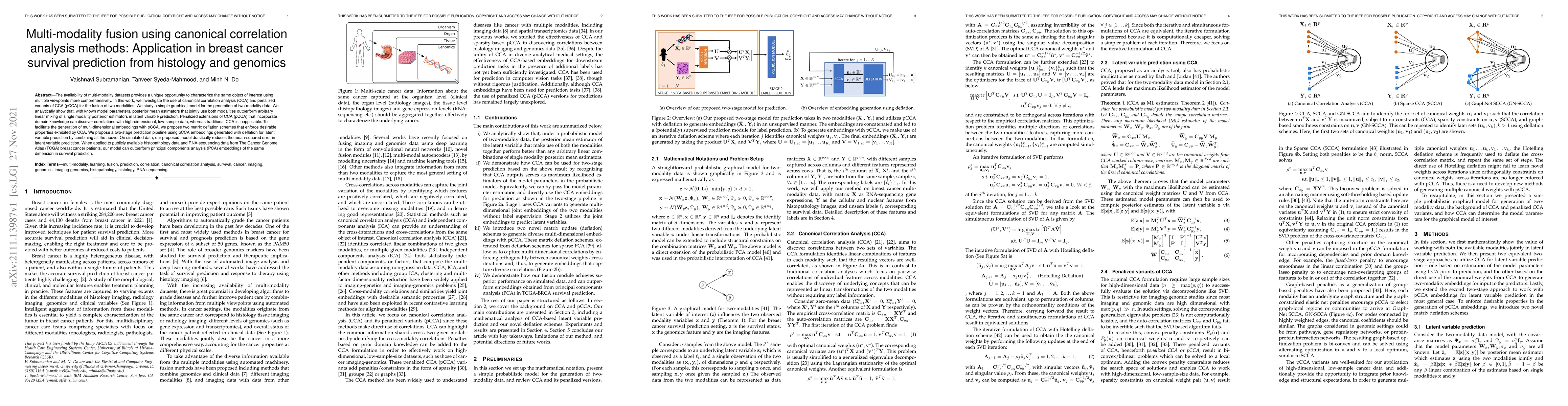 Thumbnail for Multi-modality fusion using canonical correlation analysis methods:
  Application in breast cancer survival prediction from histology and genomics