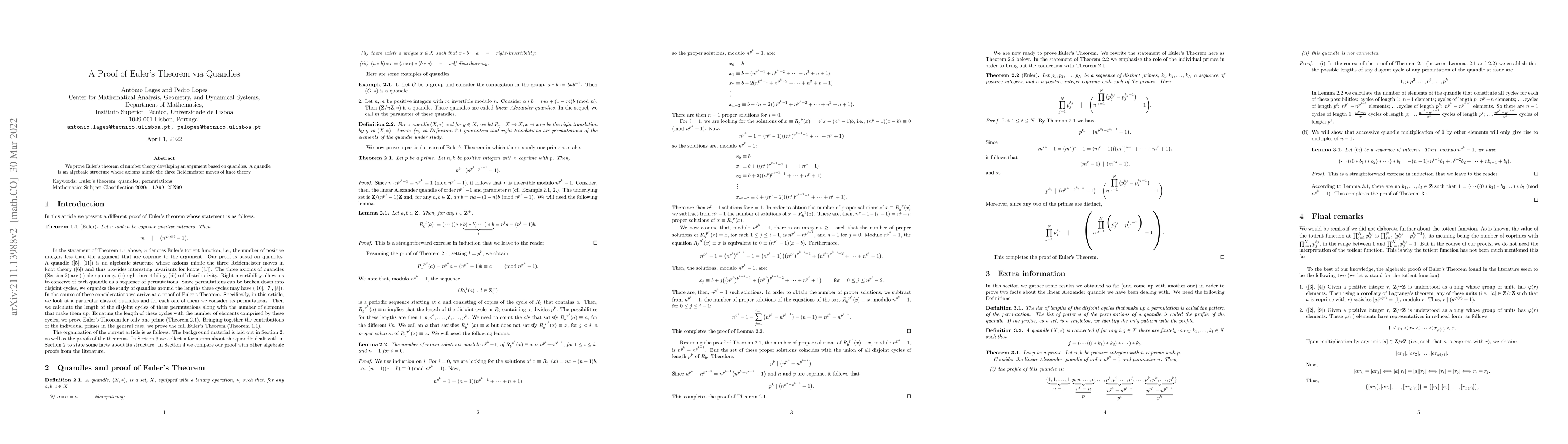 Thumbnail for A Proof of Euler's Theorem via Quandles