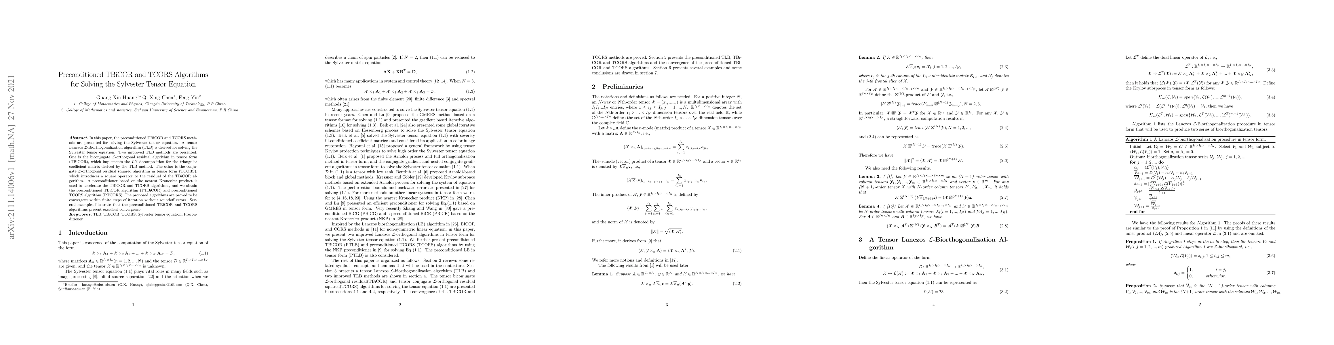 Thumbnail for Preconditioned TBiCOR and TCORS Algorithms for Solving the Sylvester
  Tensor Equation