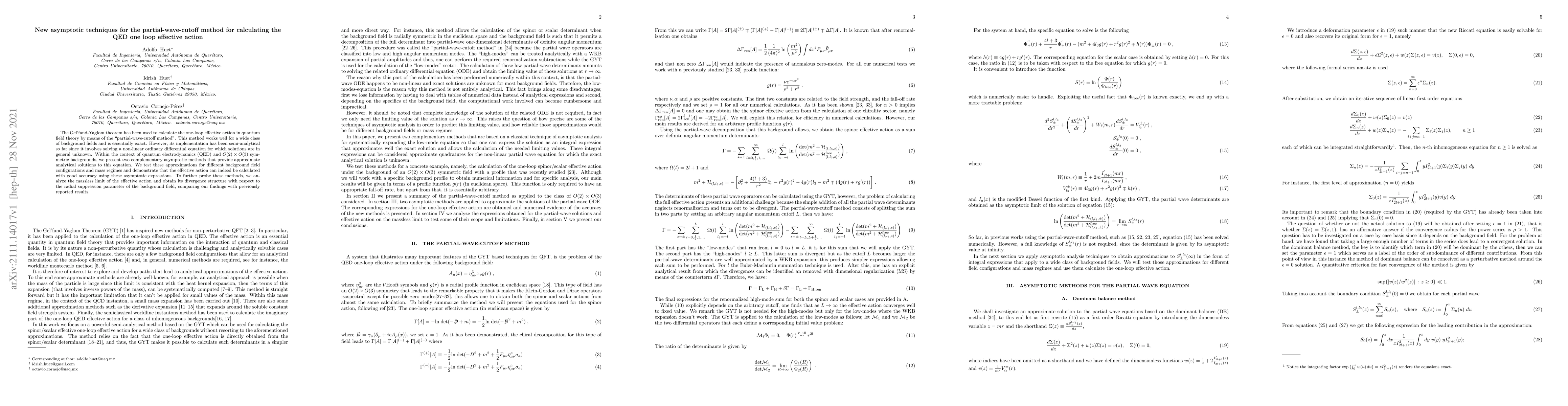 Thumbnail for New asymptotic techniques for the partial wave cut-off method for
  calculating the QED one loop effective action