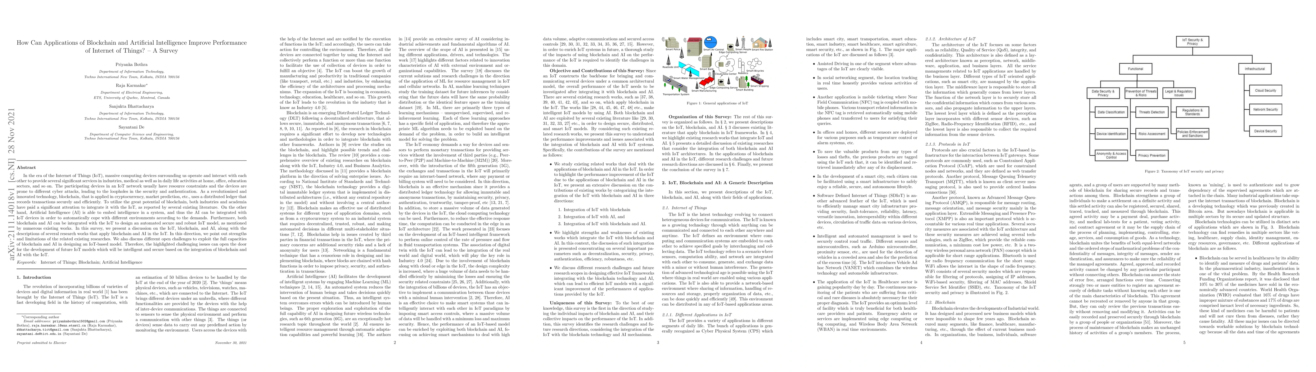 Thumbnail for How Can Applications of Blockchain and Artificial Intelligence Improve
  Performance of Internet of Things? -- A Survey