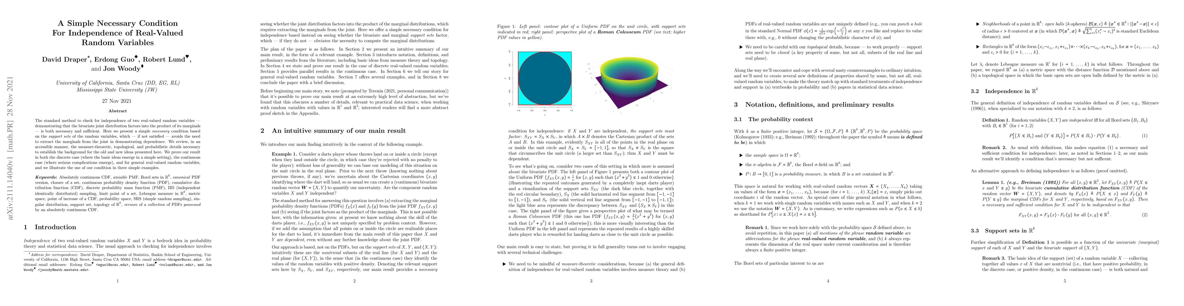 Thumbnail for A Simple Necessary Condition For Independence of Real-Valued Random
  Variables
