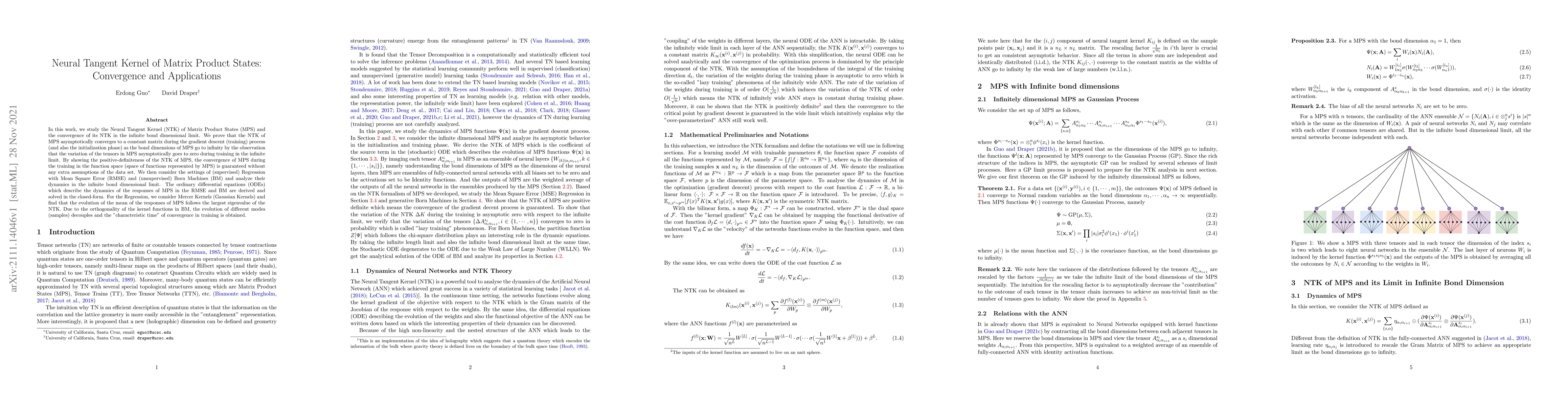 Thumbnail for Neural Tangent Kernel of Matrix Product States: Convergence and
  Applications
