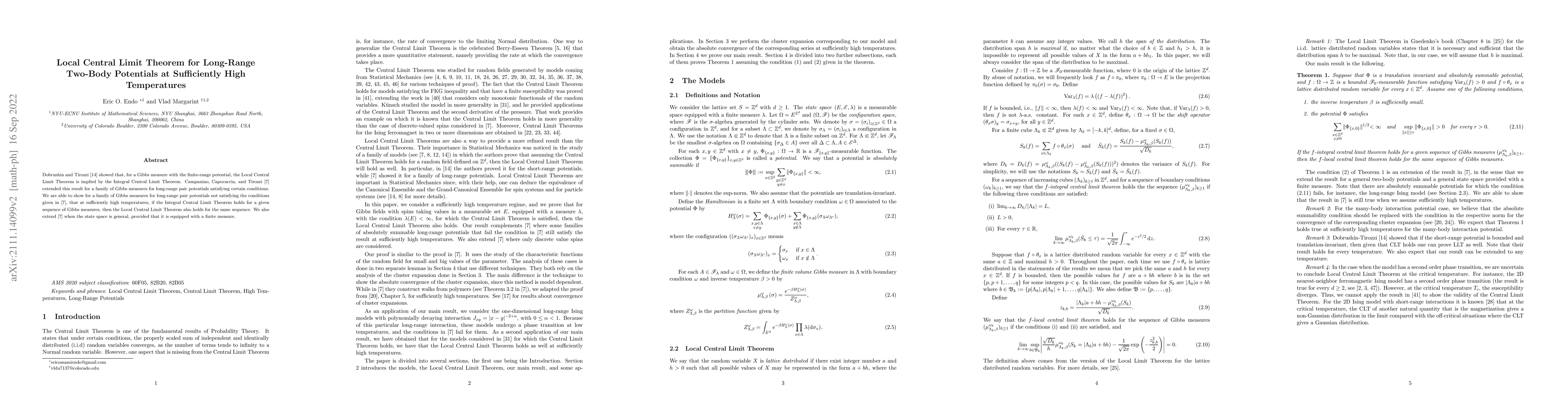 Thumbnail for Local Central Limit Theorem for Long-Range Two-Body Potentials at
  Sufficiently High Temperatures
