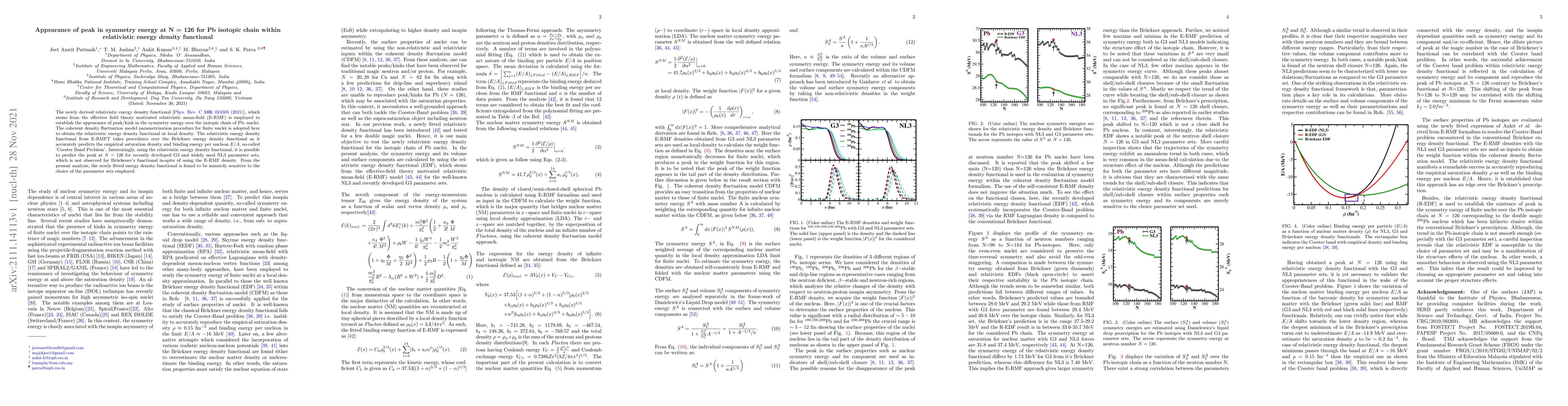Thumbnail for Appearance of peak in symmetry energy at N = 126 for Pb isotopic chain
  within relativistic energy density functional