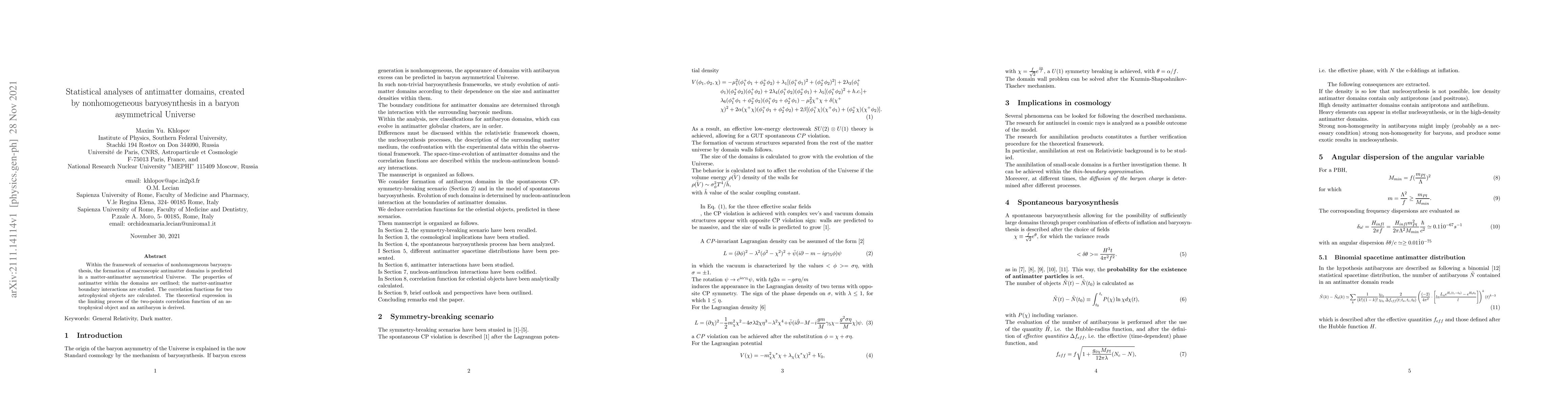 Thumbnail for Statistical analyses of antimatter domains, created by nonhomogeneous
  baryosynthesis in a baryon asymmetrical Universe