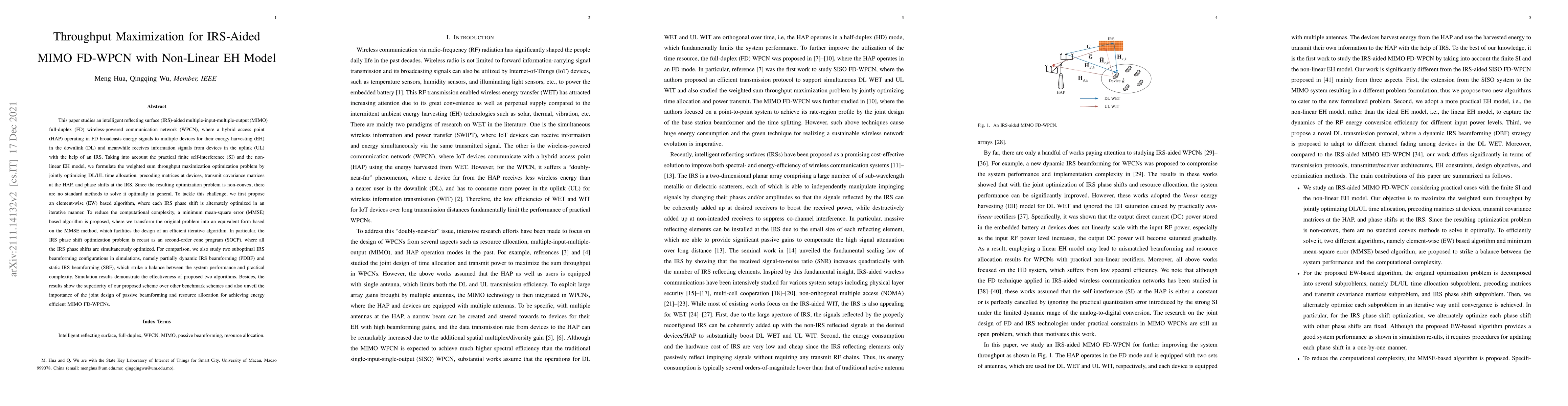 Thumbnail for Throughput Maximization for IRS-Aided MIMO FD-WPCN with Non-Linear EH
  Model