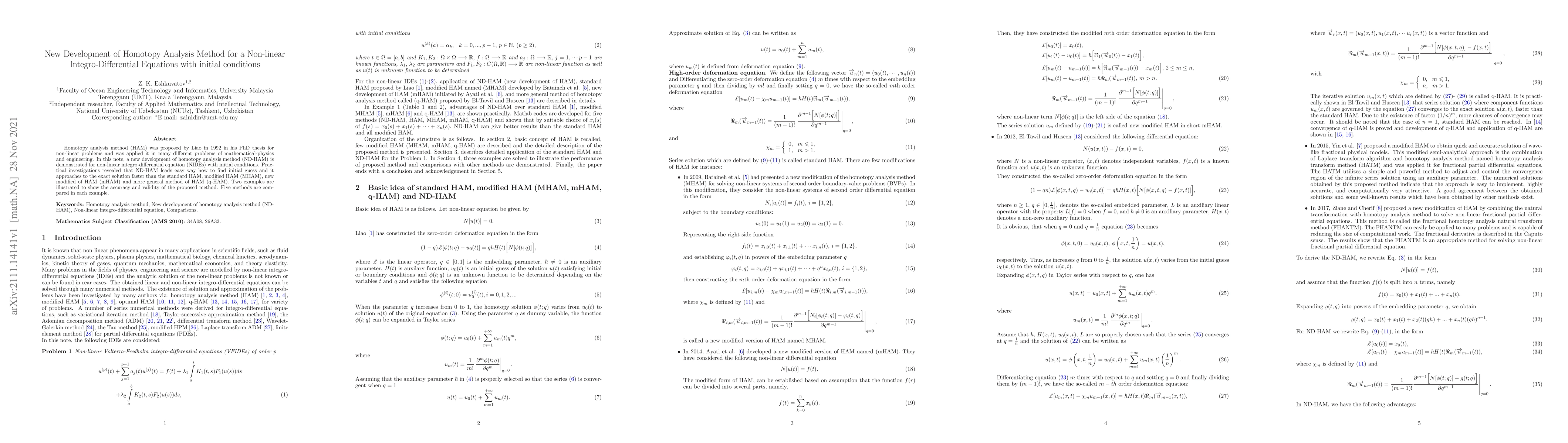 Thumbnail for New Development of Homotopy Analysis Method for a Non-linear
  Integro-Differential Equations with initial conditions