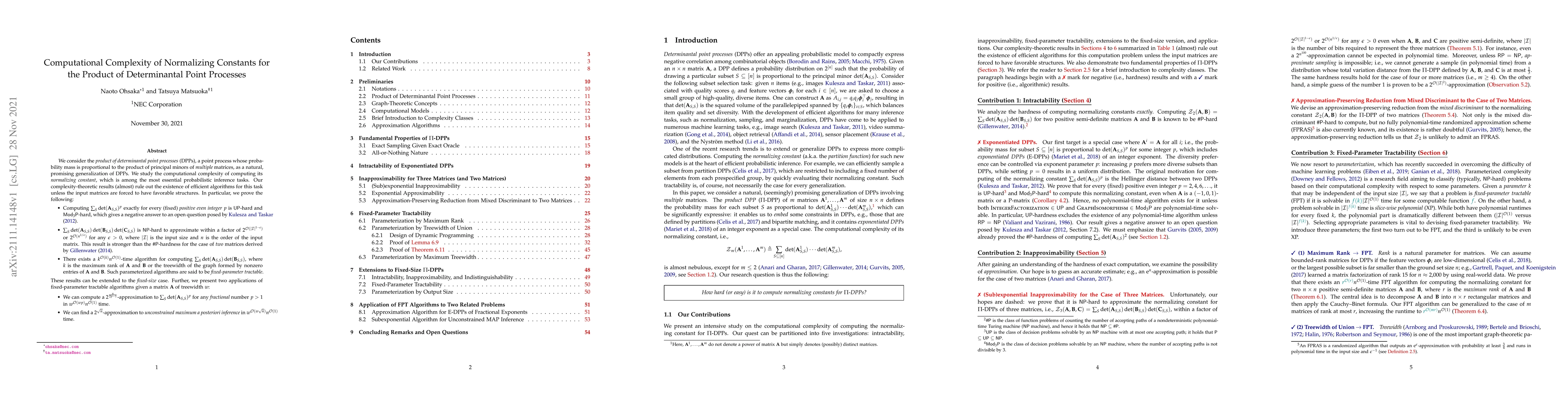 Thumbnail for Computational Complexity of Normalizing Constants for the Product of
  Determinantal Point Processes